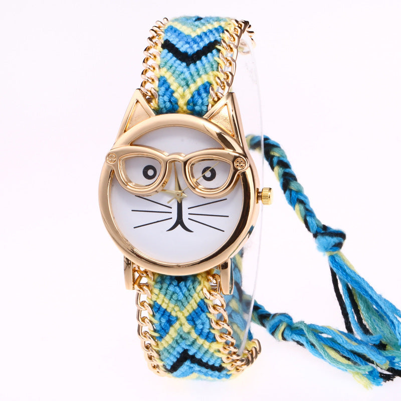 Diy Hand-Knitted Woolen Chain Ears Cat Face Glasses Watch New Ethnic Style Woven Ladies Bracelet Watch