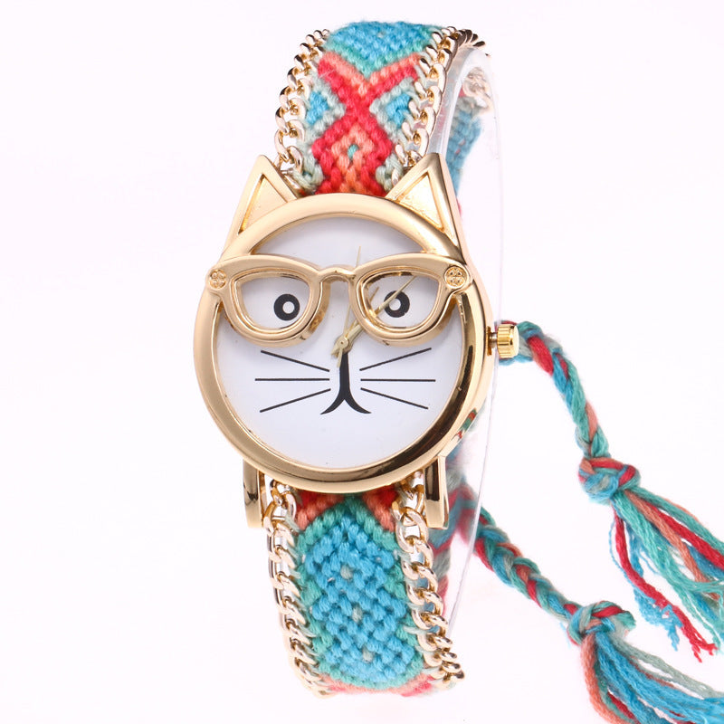 Diy Hand-Knitted Woolen Chain Ears Cat Face Glasses Watch New Ethnic Style Woven Ladies Bracelet Watch