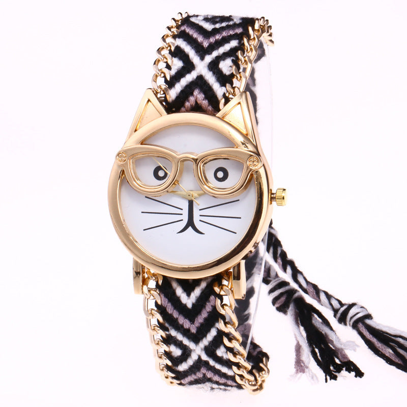 Diy Hand-Knitted Woolen Chain Ears Cat Face Glasses Watch New Ethnic Style Woven Ladies Bracelet Watch