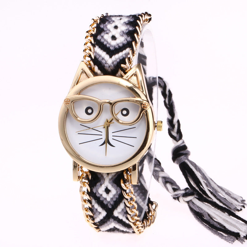 Diy Hand-Knitted Woolen Chain Ears Cat Face Glasses Watch New Ethnic Style Woven Ladies Bracelet Watch