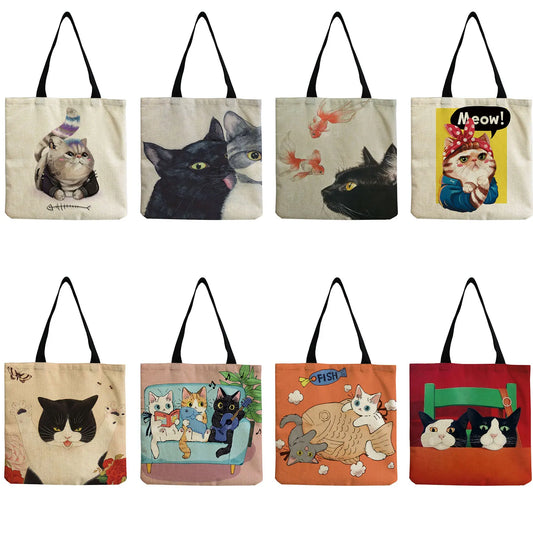 Creative Cat Print Shopping Bags Large Capacity Women's Tote Handbags Designers Japanese Style Cartoon Cute Shoulder Bags Ladies