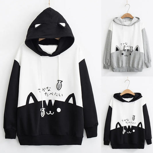 Spring Ladies Long Sleeve Cat Sweatshirt Womens Casual Kitty Cat Print Pocket Thin Hoodie Blouse Top Shirt худи женское платье