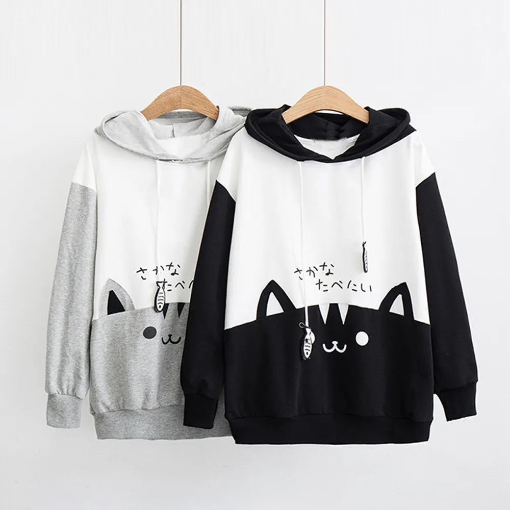 Spring Ladies Long Sleeve Cat Sweatshirt Womens Casual Kitty Cat Print Pocket Thin Hoodie Blouse Top Shirt худи женское платье