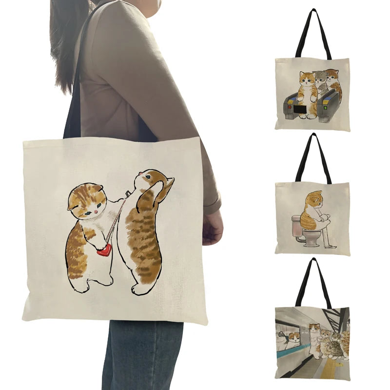 Cute Society Cat Women Tote Handbag Ladies Leisure Shoulder Bag  Harajuku Graphic Print Handle Shopper Bags for Shopping Large