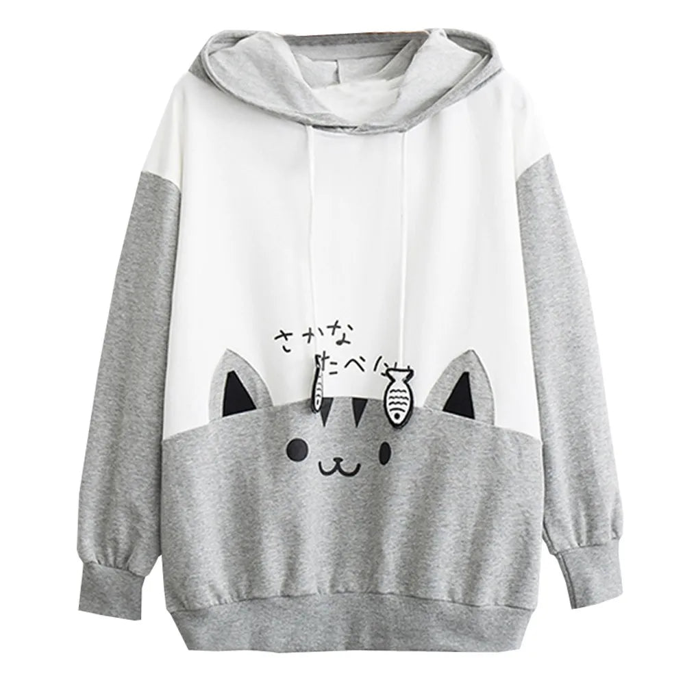 Spring Ladies Long Sleeve Cat Sweatshirt Womens Casual Kitty Cat Print Pocket Thin Hoodie Blouse Top Shirt худи женское платье