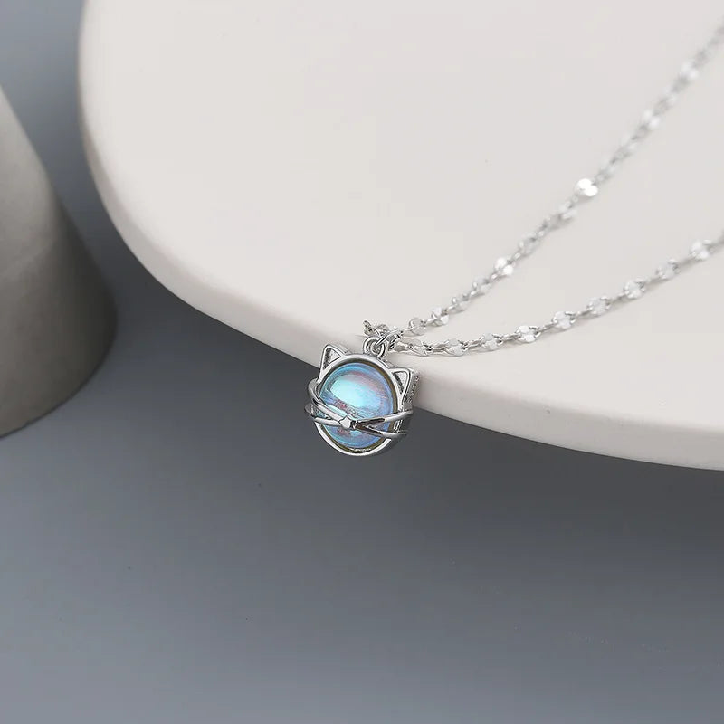 VOQ Silver Color Simple Moonstone Cat Pendant Necklace Ladies Clavicle Chain Necklace Fashion Jewelry