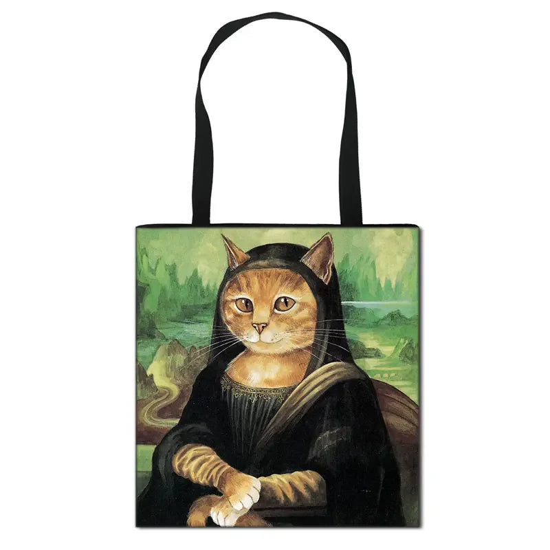 Funny Cat Cosplay Mona Lisa  Print Women Oil Painting Cat Tote Bags Fashion  Handbag High Capacity Canvas Ladies Shopping Bag