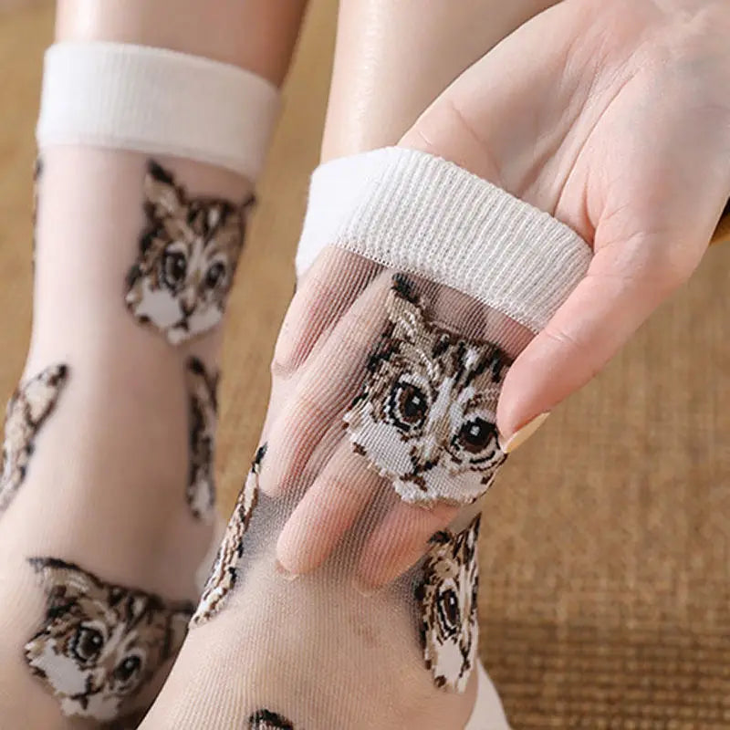 Women Transparent Cute Cat Socks Korean Fashion Ladies Summer Thin Crystal Silk Socks JapaneseTrendy Kawaii Glass Fiber Socks