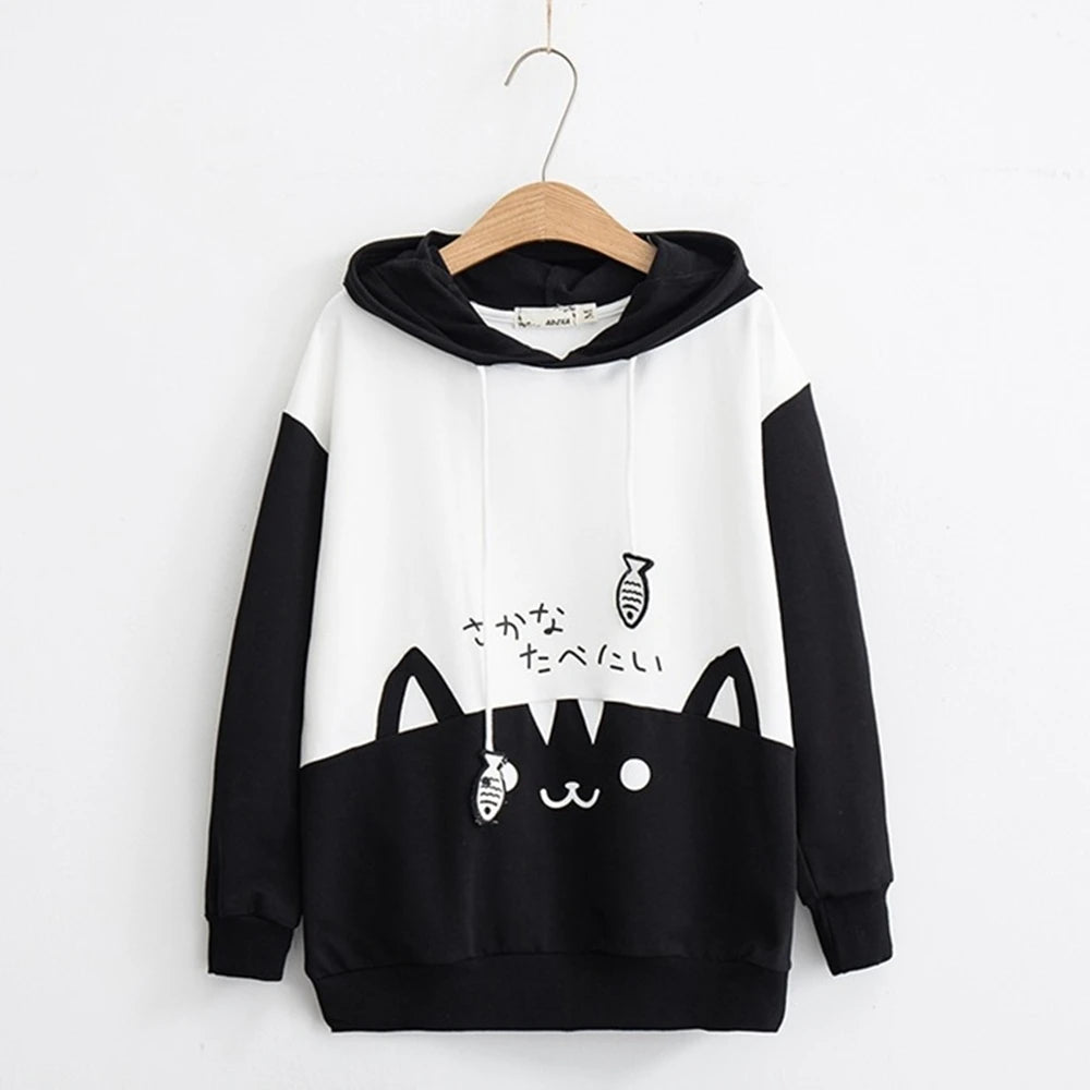 Spring Ladies Long Sleeve Cat Sweatshirt Womens Casual Kitty Cat Print Pocket Thin Hoodie Blouse Top Shirt худи женское платье