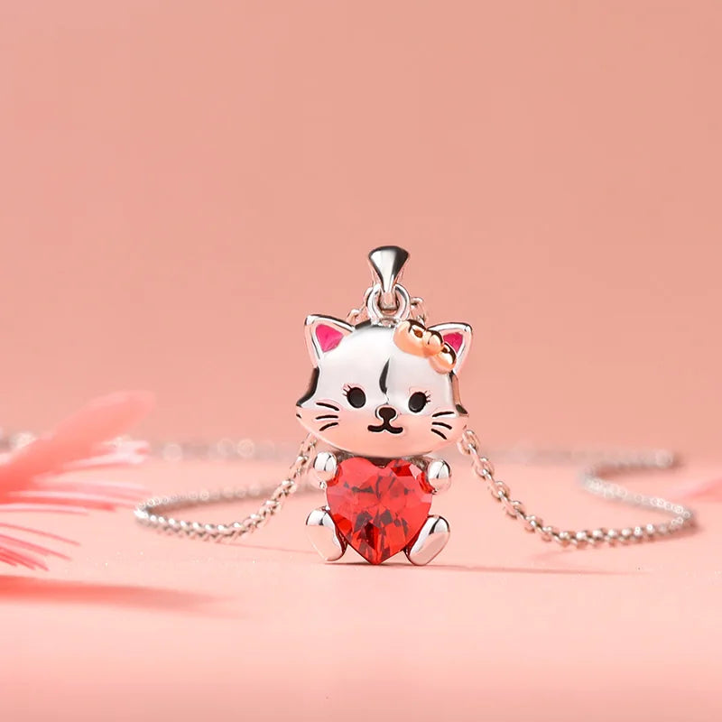 Cute Panda/Cat Ladies Fashion Pendant Necklace Exquisite Animal Heart Crystal Jewelry Anniversary Christmas Birthday Party Gift