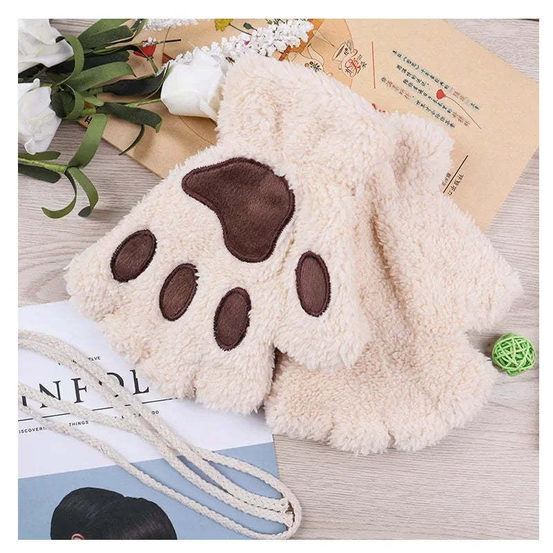 Kawaii Ladies Cat Gloves Fashion Girl Cat Claw Plush Mittens Warm Soft Plush Short Fingerless Half Finger Winter Gloves