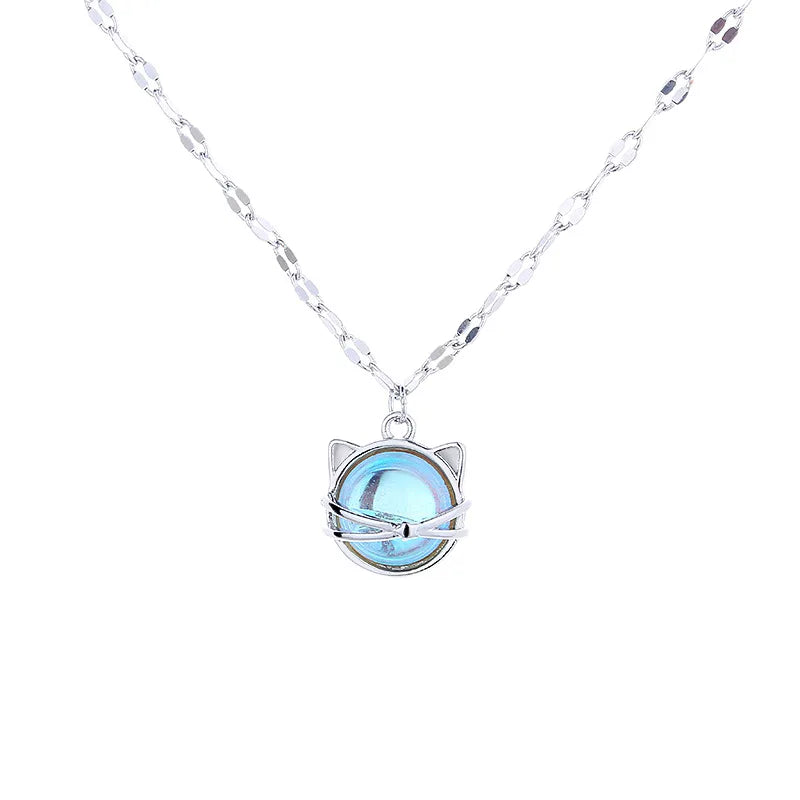 VOQ Silver Color Simple Moonstone Cat Pendant Necklace Ladies Clavicle Chain Necklace Fashion Jewelry