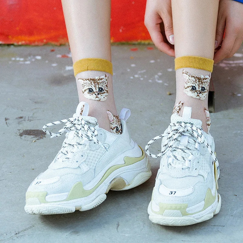 Women Transparent Cute Cat Socks Korean Fashion Ladies Summer Thin Crystal Silk Socks JapaneseTrendy Kawaii Glass Fiber Socks