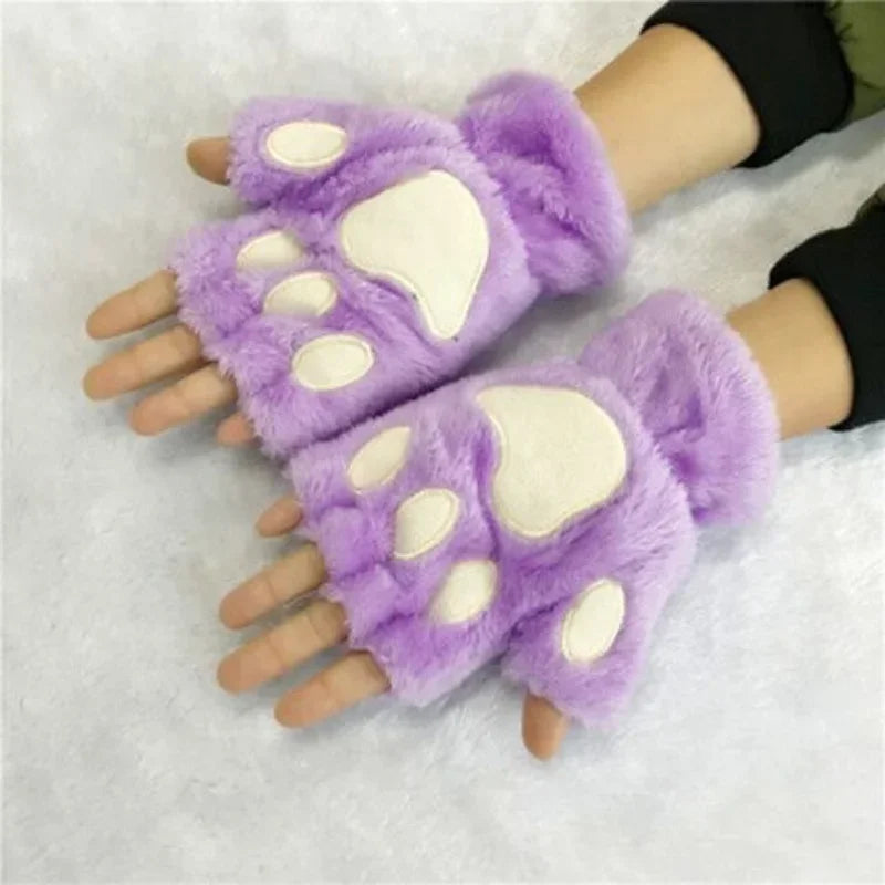 Kawaii Ladies Cat Gloves Fashion Girl Cat Claw Plush Mittens Warm Soft Plush Short Fingerless Half Finger Winter Gloves