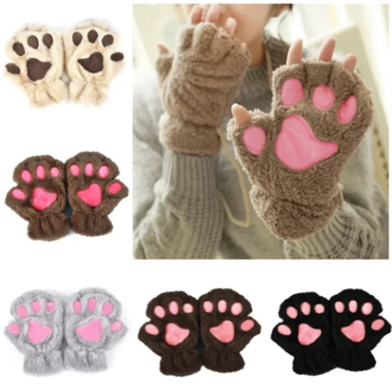 Kawaii Ladies Cat Gloves Fashion Girl Cat Claw Plush Mittens Warm Soft Plush Short Fingerless Half Finger Winter Gloves