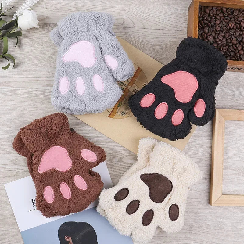 Kawaii Ladies Cat Gloves Fashion Girl Cat Claw Plush Mittens Warm Soft Plush Short Fingerless Half Finger Winter Gloves