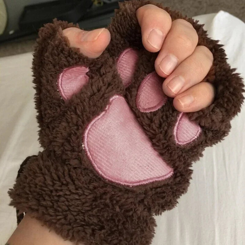 Kawaii Ladies Cat Gloves Fashion Girl Cat Claw Plush Mittens Warm Soft Plush Short Fingerless Half Finger Winter Gloves