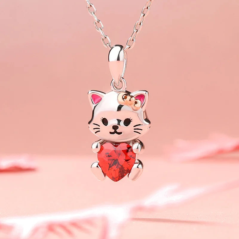 Cute Panda/Cat Ladies Fashion Pendant Necklace Exquisite Animal Heart Crystal Jewelry Anniversary Christmas Birthday Party Gift