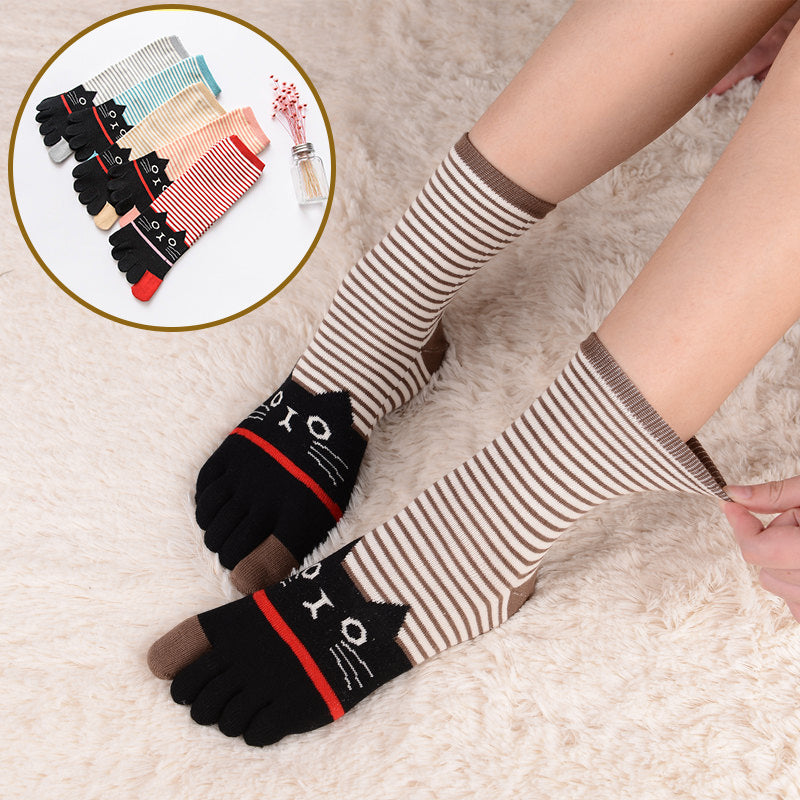 Ladies Autumn And Winter Horizontal Stripes Cat Cotton Five-finger Socks