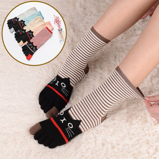 Ladies Autumn And Winter Horizontal Stripes Cat Cotton Five-finger Socks